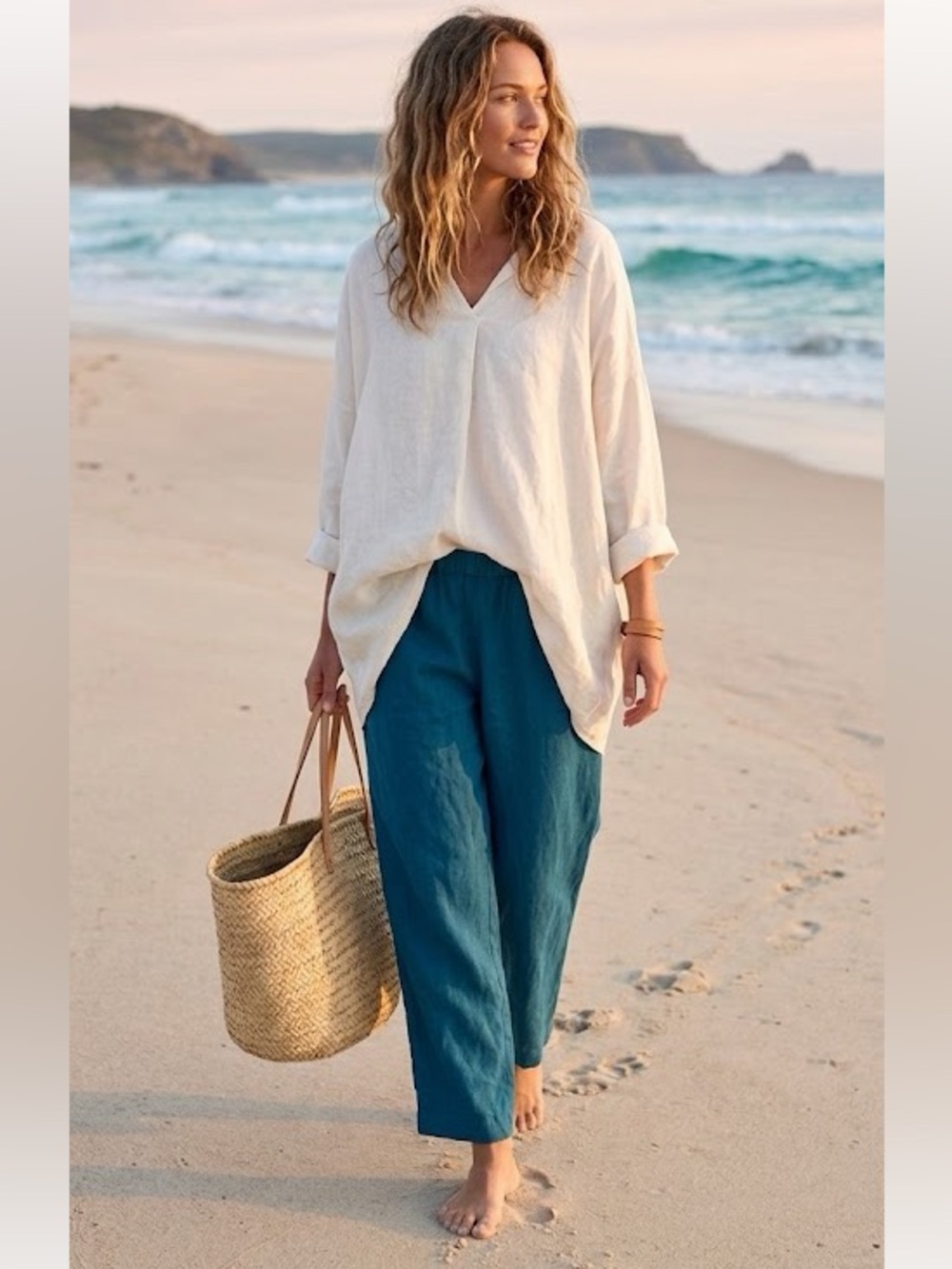 NWT HOT COTTON Linen Flood Pants Teal Turquoise Azure Blue L $58